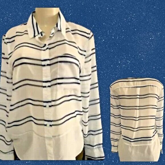 Banana Republic S White-Navy Striped Sheer Button Down Collar Long Sleeve Blouse - Picture 1 of 6